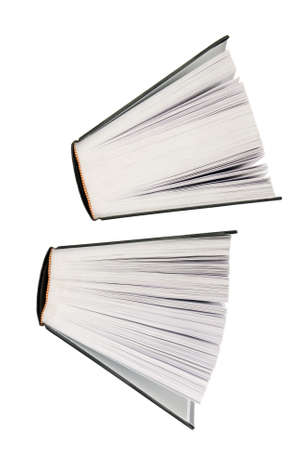 two big books partialy open floating un white background