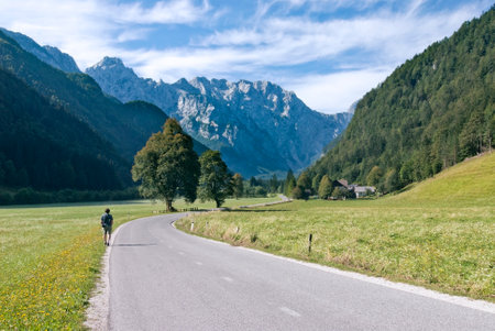 Rear view of a cyclist on the road in the Alpsの写真素材