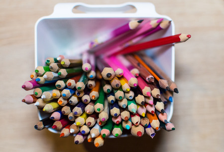 Colorful crayons folded in a white box.の写真素材