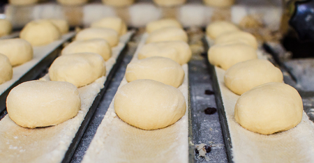 Preparing and weighing dough in a large bakery.