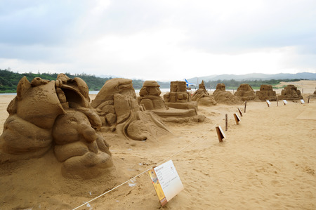 FULONG, TAIWAN-JUNE 12,2014 a novel sand sculpture at Fulong beach for celebrating the Sand Sculpture Festival on JUNE 12,2014 in Fulong,Taiwanのeditorial素材