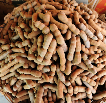 Fresh Tamarind in Basket for sellの写真素材
