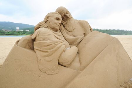 FULONG, TAIWAN-JUNE 12,2014 a novel sand sculpture at Fulong beach for celebrating the Sand Sculpture Festival on JUNE 12,2014 in Fulong,Taiwanのeditorial素材