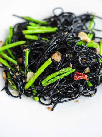 Black Spaghetti with salted fish in Thai resturantの写真素材
