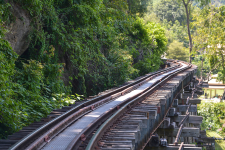 KANCHANABURI THAILAND- SEPTEMBER 10: The death railway bridge at Kanchanaburi, Thailand on September 10, 2014. It is the historic of world war ii, the death railway bridge over river.のeditorial素材
