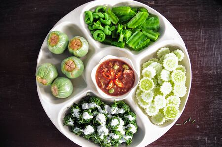 Shrimp Paste Chilli Sauce (Nam Prik Ka Pi) serve with vegetable, Thai Cuisineの写真素材