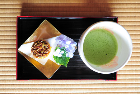 Japanese traditional green tea with dessertの写真素材