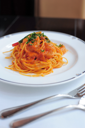 Spaghetti with tomato sauce close upの写真素材