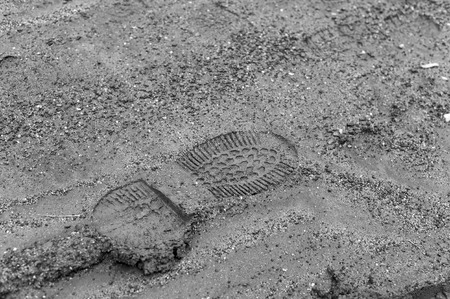Black and White Imprint of the shoe on mud with copy spaceの写真素材