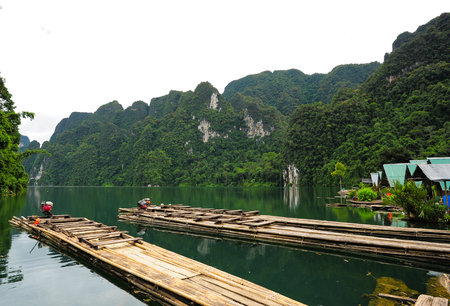 Motor raft wharf in Ratchaprapha Dam at Khao Sok National Park, Surat Thani, Thailandの写真素材