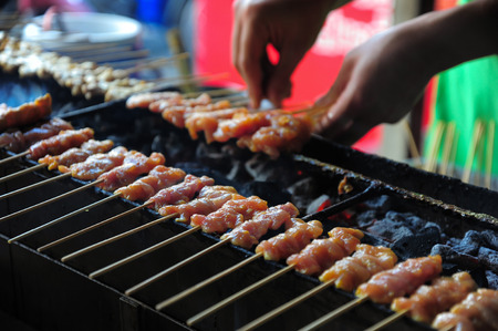 Pork Satay, Traditional Thai Spice Steak Roasted Pork on Grilledの写真素材