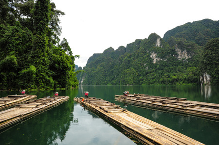 Motor raft wharf in Ratchaprapha Dam at Khao Sok National Park, Surat Thani, Thailandの写真素材