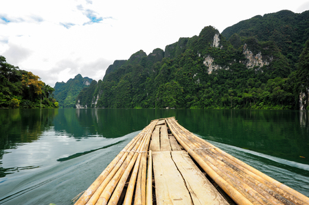 Motor raft wharf in Ratchaprapha Dam at Khao Sok National Park, Surat Thani, Thailandの写真素材