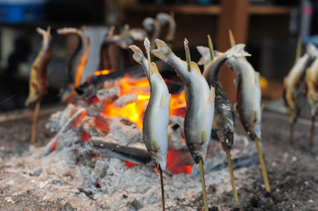 Fish Ayu with salt being grilled in Japan , Japanese grill styleの写真素材