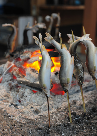 Fish Ayu with salt being grilled in Japan , Japanese grill styleの写真素材