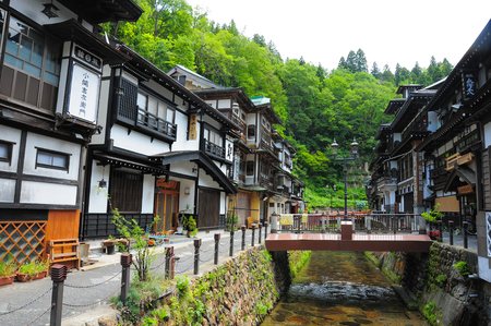 YAMAGATA, JAPAN - July. 9, 2015. Japanese famous hot spring town Obanazawa Ginzan Onsen.のeditorial素材