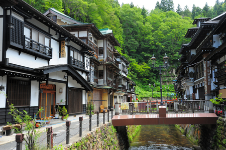 YAMAGATA, JAPAN - July. 9, 2015. Japanese famous hot spring town Obanazawa Ginzan Onsen.のeditorial素材