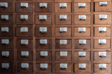 vintage chinese medicine wood cabinet and list name of thai herbの写真素材
