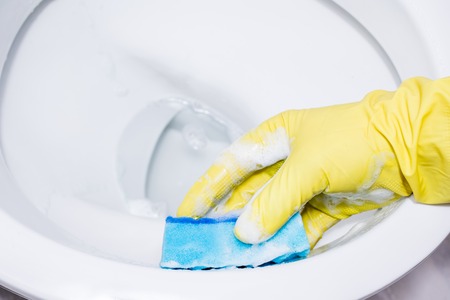 Hands on yellow gloves cleaning a WC. cleaning the blue sponge. close-upの写真素材