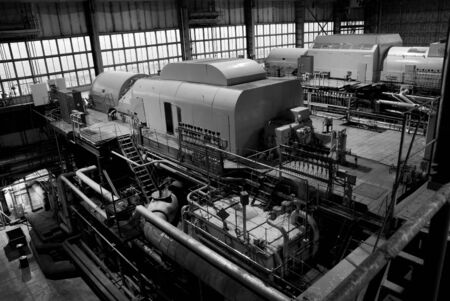 Parts and details of an steam turbine, black and white