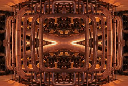 abstract illustration of a tangle of pipes, ladders, walkways