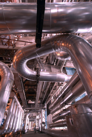 Industrial zone, Steel pipelines, valves and laddersの写真素材