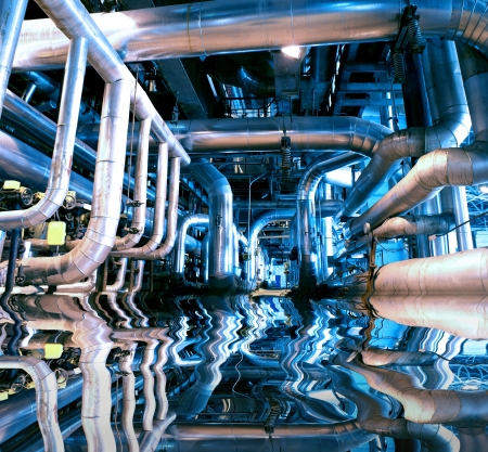 Industrial zone, Steel pipelines and equipment with reflectionの写真素材