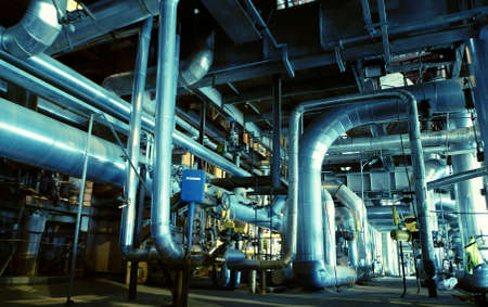 Industrial zone, Steel pipelines and equipment in blue tones