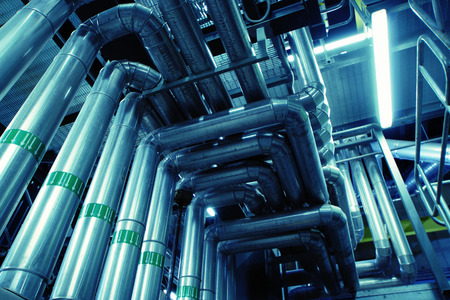 Industrial zone, Steel pipelines and equipment in blue tonesのeditorial素材