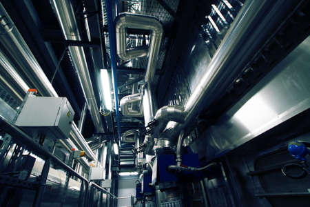 Industrial zone, Steel pipelines and equipment in blue tones