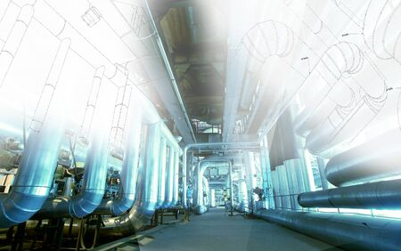 Sketch of piping design mixed with industrial equipment photoの写真素材