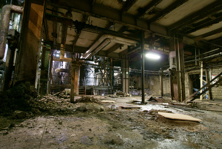 Old creepy, dark, decaying, destructive, dirty factory