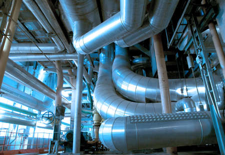 Industrial zone, Steel pipelines and cables in blue tonesのeditorial素材