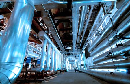Industrial zone, Steel pipelines and cables in blue tones