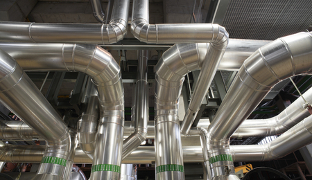 Industrial zone, Steel pipelines, valves and laddersのeditorial素材