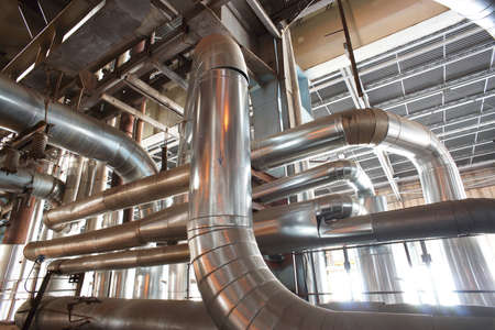 Industrial zone, Steel pipelines, valves and laddersのeditorial素材