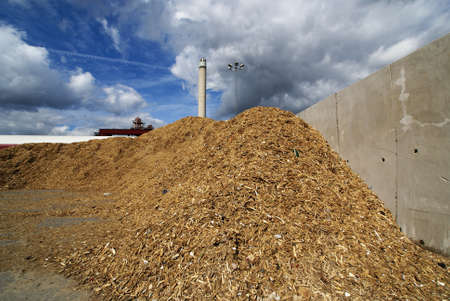 storage of wooden fuel (biomass) against blue skyのeditorial素材
