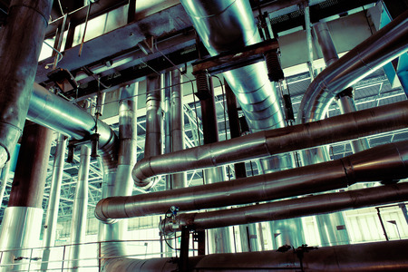 Industrial zone, Steel pipelines, valves, cables and walkways