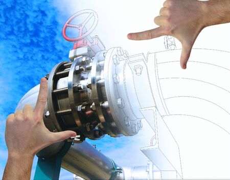 Hands Framing factory Design. Drawing and industrial equipment photo combination