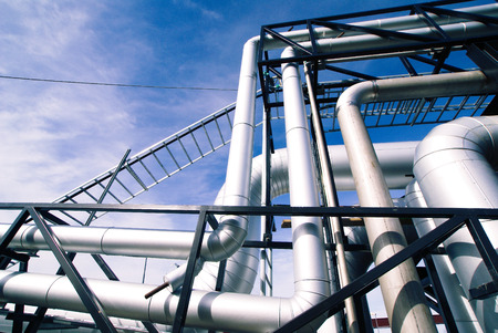 Industrial zone, Steel pipelines in blue tonesの写真素材