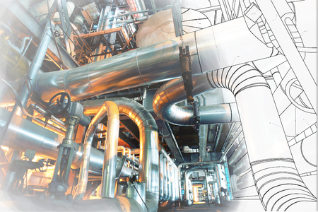 wireframe computer cad design of pipelines for modern industrial power plantの写真素材