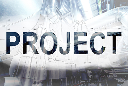 PROJECT word over blueprint drawing combined with picture of equpmentの写真素材