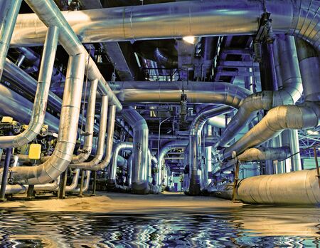Industrial zone, Steel pipelines and equipment with reflection