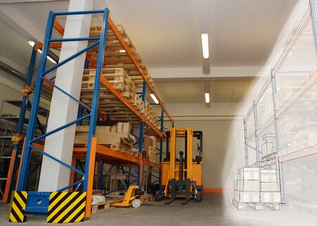 drawing combined with shelves and racks with pallets in distribution warehouse interior