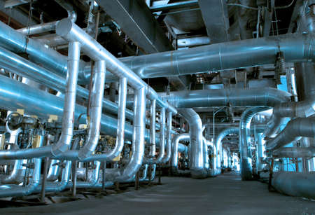 Industrial zone, Steel pipelines and cables in blue tones