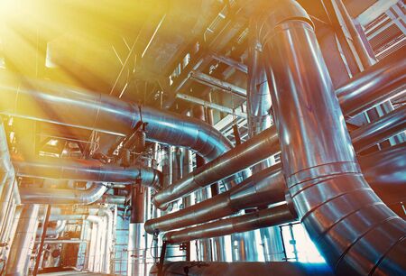 Industrial zone, Steel pipelines and cables in blue tones