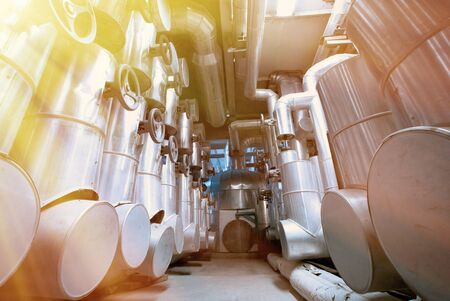 Industrial zone, Steel pipelines and cables in blue tonesの写真素材