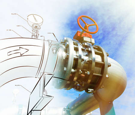 Sketch of piping design mixed with Steel pipelines and valves against blue sky photo