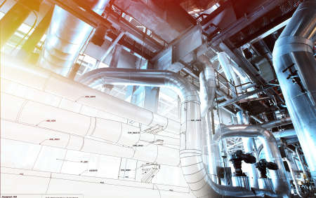 Sketch of piping design mixed with industrial equipment photo