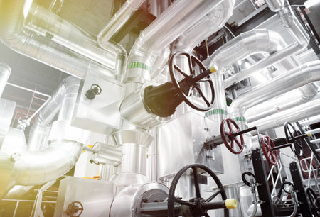 Equipment, cables and piping as found inside of a old industrial power plantの写真素材